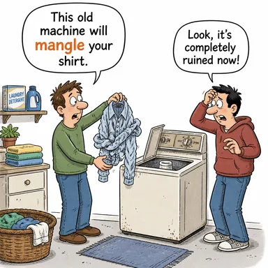 mangle (parçalamak, ezmek, tanınmaz hale getirmek) karikatürü — diyalogla bağlam içinde öğren