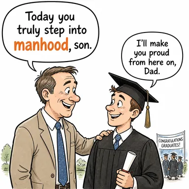 manhood (erkeklik, yetişkinlik (erkek için)) karikatürü — diyalogla bağlam içinde öğren