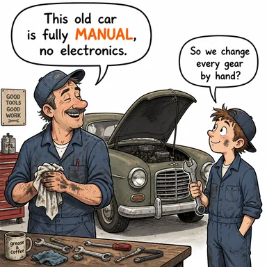 manual (elle yapılan (sıfat); el kitabı, kılavuz (isim)) karikatürü — diyalogla bağlam içinde öğren