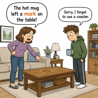 mark (işaret, iz, leke; not (sınav); işaretlemek) karikatürü — diyalogla bağlam içinde öğren