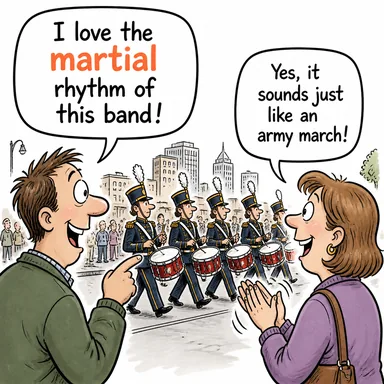 martial (askeri, savaşa ait) karikatürü — diyalogla bağlam içinde öğren