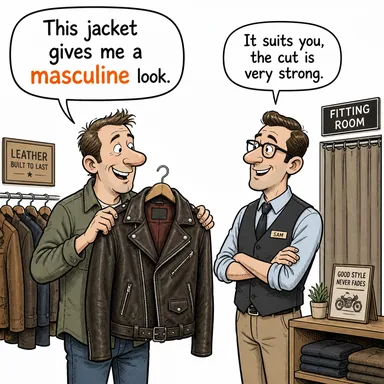 masculine (eril, erkeğe özgü, erkeksi) karikatürü — diyalogla bağlam içinde öğren