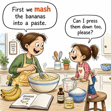 mash (ezmek, püre haline getirmek) karikatürü — diyalogla bağlam içinde öğren
