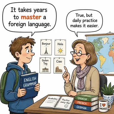 master (uzmanlaşmak, hakim olmak; (isim) usta, efendi) karikatürü — diyalogla bağlam içinde öğren