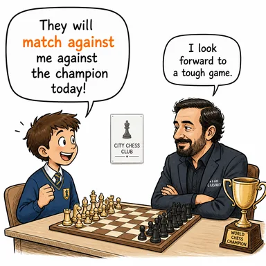 match against (ile karşılaştırmak, rakip olarak çıkarmak) karikatürü — diyalogla bağlam içinde öğren