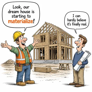 materialize (gerçekleşmek, somutlaşmak, ortaya çıkmak) karikatürü — diyalogla bağlam içinde öğren