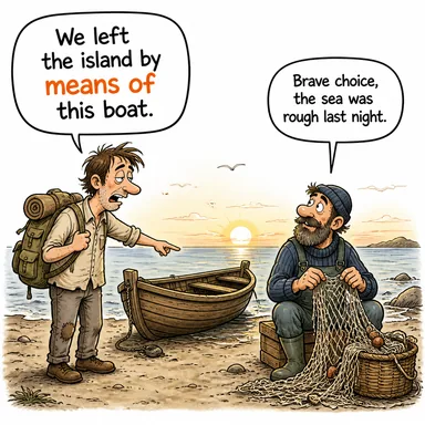 means of (yoluyla, vasıtasıyla, aracıyla) karikatürü — diyalogla bağlam içinde öğren