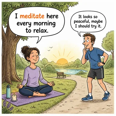 meditate (derin düşünmek, meditasyon yapmak) karikatürü — diyalogla bağlam içinde öğren