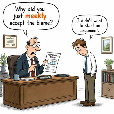 meekly (uysalca, sessizce, boyun eğerek) karikatürü — diyalogla bağlam içinde öğren