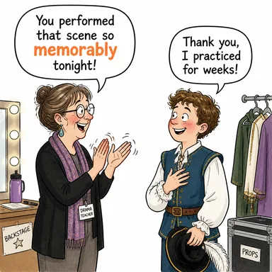 memorably (unutulmaz bir şekilde, akılda kalıcı olarak) karikatürü — diyalogla bağlam içinde öğren