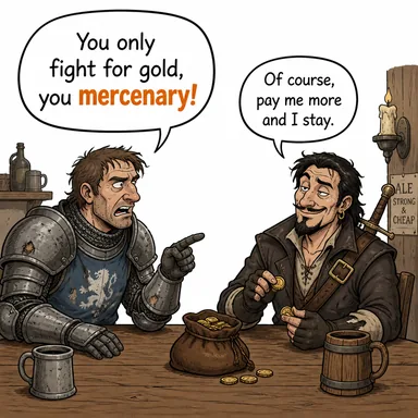 mercenary (paralı asker; (sıfat) paracı, çıkarcı) karikatürü — diyalogla bağlam içinde öğren
