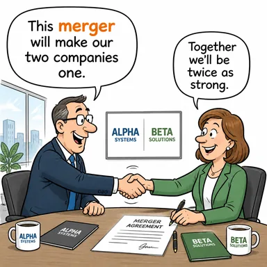 merger (birleşme (şirket vb.), kaynaşma) karikatürü — diyalogla bağlam içinde öğren