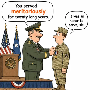 meritoriously (övülen bir şekilde, liyakatle) karikatürü — diyalogla bağlam içinde öğren