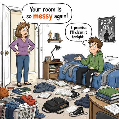 messy (dağınık, pasaklı, karışık) karikatürü — diyalogla bağlam içinde öğren