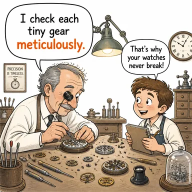 meticulously (titizlikle, kılı kırk yararak, büyük bir özenle) karikatürü — diyalogla bağlam içinde öğren