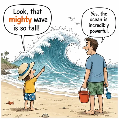 mighty (güçlü, kudretli, heybetli) karikatürü — diyalogla bağlam içinde öğren