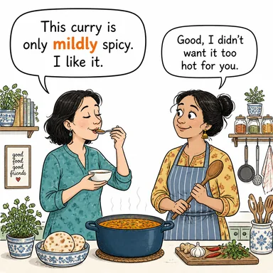 mildly (kibarca, hafifçe, biraz) karikatürü — diyalogla bağlam içinde öğren