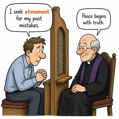 atonement (kefaret, telafi) karikatürü — diyalogla bağlam içinde öğren