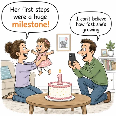 milestone (dönüm noktası, kilometre taşı, önemli aşama) karikatürü — diyalogla bağlam içinde öğren