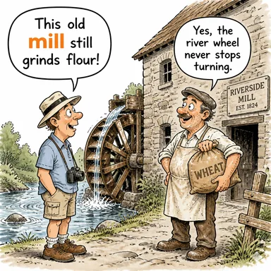 mill (değirmen; fabrika, imalathane) karikatürü — diyalogla bağlam içinde öğren
