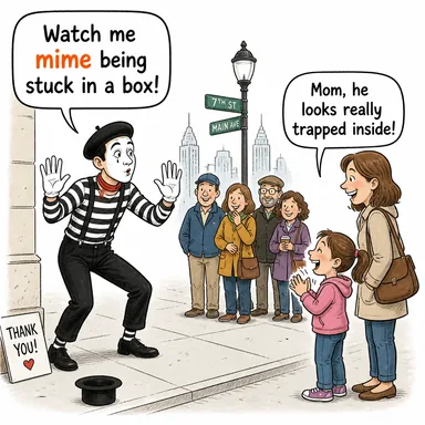 mime (pandomim yapmak, taklit etmek; (isim) pandomim) karikatürü — diyalogla bağlam içinde öğren