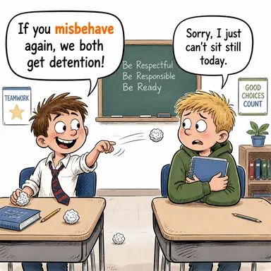 misbehave (yaramazlık yapmak, kötü davranmak (kurallara uymamak)) karikatürü — diyalogla bağlam içinde öğren