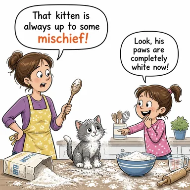 mischief (yaramazlık, fesatlık, haylazlık, zarar) karikatürü — diyalogla bağlam içinde öğren