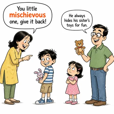 mischievous (yaramaz, haşarı, fesat) karikatürü — diyalogla bağlam içinde öğren