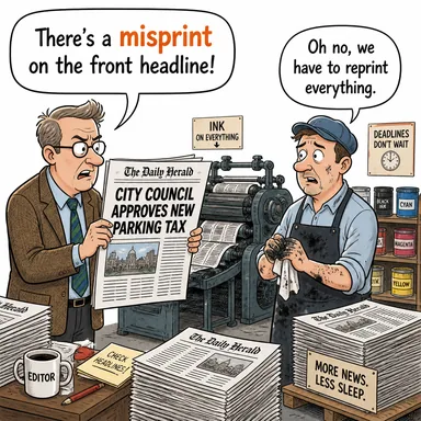 misprint (baskı hatası, dizgi yanlışı) karikatürü — diyalogla bağlam içinde öğren