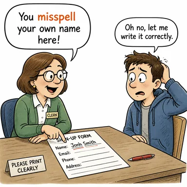 misspell (yanlış yazmak, imla hatası yapmak) karikatürü — diyalogla bağlam içinde öğren