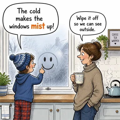 mist (buğulanmak, sisle kaplamak) karikatürü — diyalogla bağlam içinde öğren