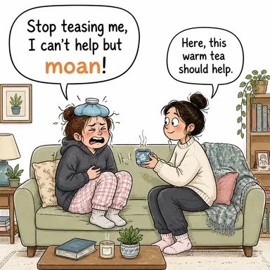 moan (inlemek, sızlanmak, şikayet etmek; (isim) inilti) karikatürü — diyalogla bağlam içinde öğren