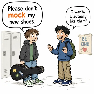 mock (alay etmek, dalga geçmek; (sıfat) sahte, taklit) karikatürü — diyalogla bağlam içinde öğren