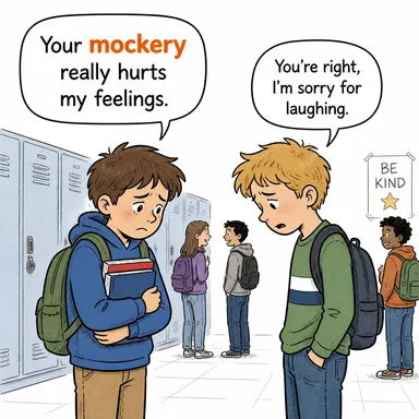 mockery (alay, eğlenme, gülünç duruma düşürme) karikatürü — diyalogla bağlam içinde öğren