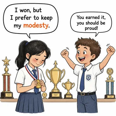 modesty (tevazu, alçak gönüllülük, sadelik, iffet) karikatürü — diyalogla bağlam içinde öğren