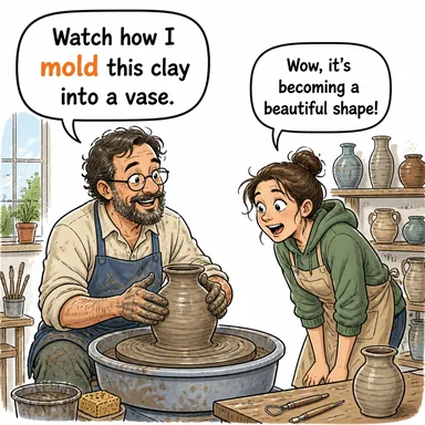 mold (şekil vermek, kalıba dökmek; (isim) kalıp, küf) karikatürü — diyalogla bağlam içinde öğren