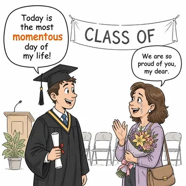 momentous (çok önemli, hayati, bir devri belirleyen) karikatürü — diyalogla bağlam içinde öğren