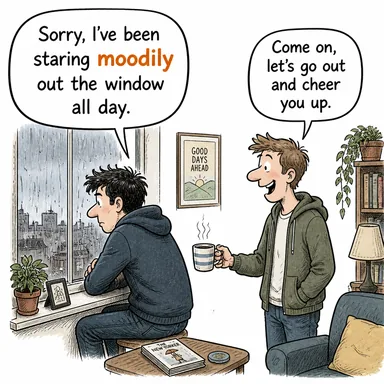 moodily (huysuzca, karamsar bir şekilde) karikatürü — diyalogla bağlam içinde öğren