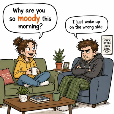 moody (huysuz, aksi, değişken ruh halli) karikatürü — diyalogla bağlam içinde öğren