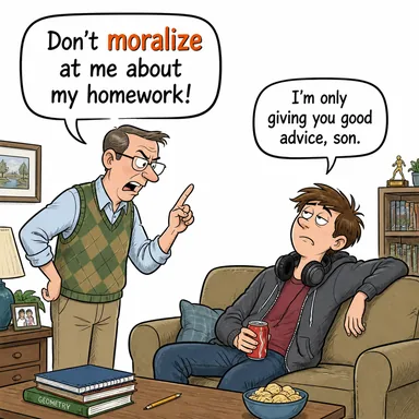 moralize (ahlak dersi vermek, ahkam kesmek) karikatürü — diyalogla bağlam içinde öğren