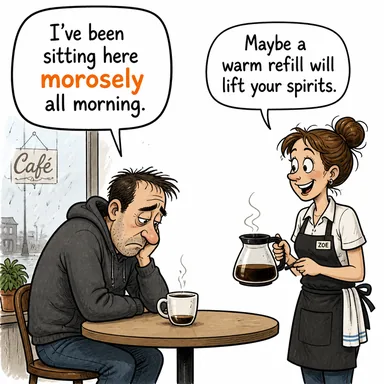 morosely (somurtkan bir şekilde, asık suratla) karikatürü — diyalogla bağlam içinde öğren