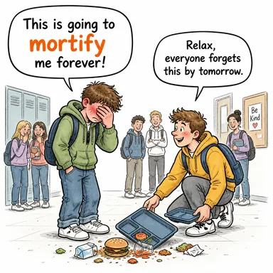 mortify (yerin dibine sokmak, çok utandırmak, (tıbbi) çürümek) karikatürü — diyalogla bağlam içinde öğren