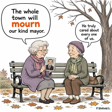 mourn (yas tutmak, kederlenmek) karikatürü — diyalogla bağlam içinde öğren