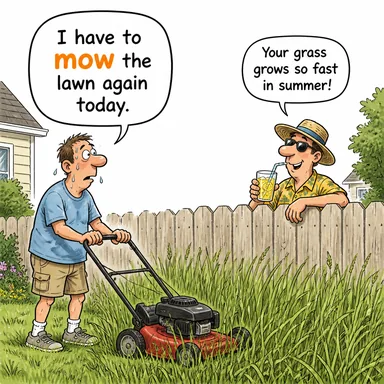 mow ((çim, ot) biçmek) karikatürü — diyalogla bağlam içinde öğren