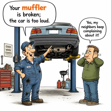 muffler (susturucu (egzoz), atkı/kaşkol) karikatürü — diyalogla bağlam içinde öğren