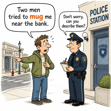 mug (gasp etmek, (sokakta) saldırıp soymak) karikatürü — diyalogla bağlam içinde öğren