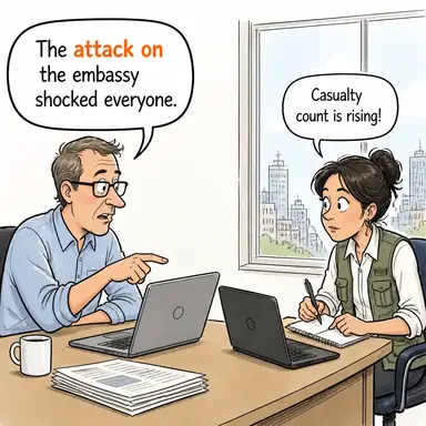 attack on (saldırı, eleştiri) karikatürü — diyalogla bağlam içinde öğren