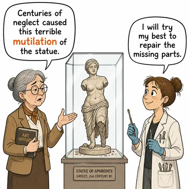 mutilation (sakatlama, uzuv kesme) karikatürü — diyalogla bağlam içinde öğren