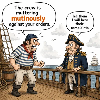 mutinously (asice, isyankar bir şekilde) karikatürü — diyalogla bağlam içinde öğren