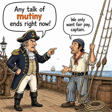 mutiny (isyan, ayaklanma (askeri/gemi)) karikatürü — diyalogla bağlam içinde öğren